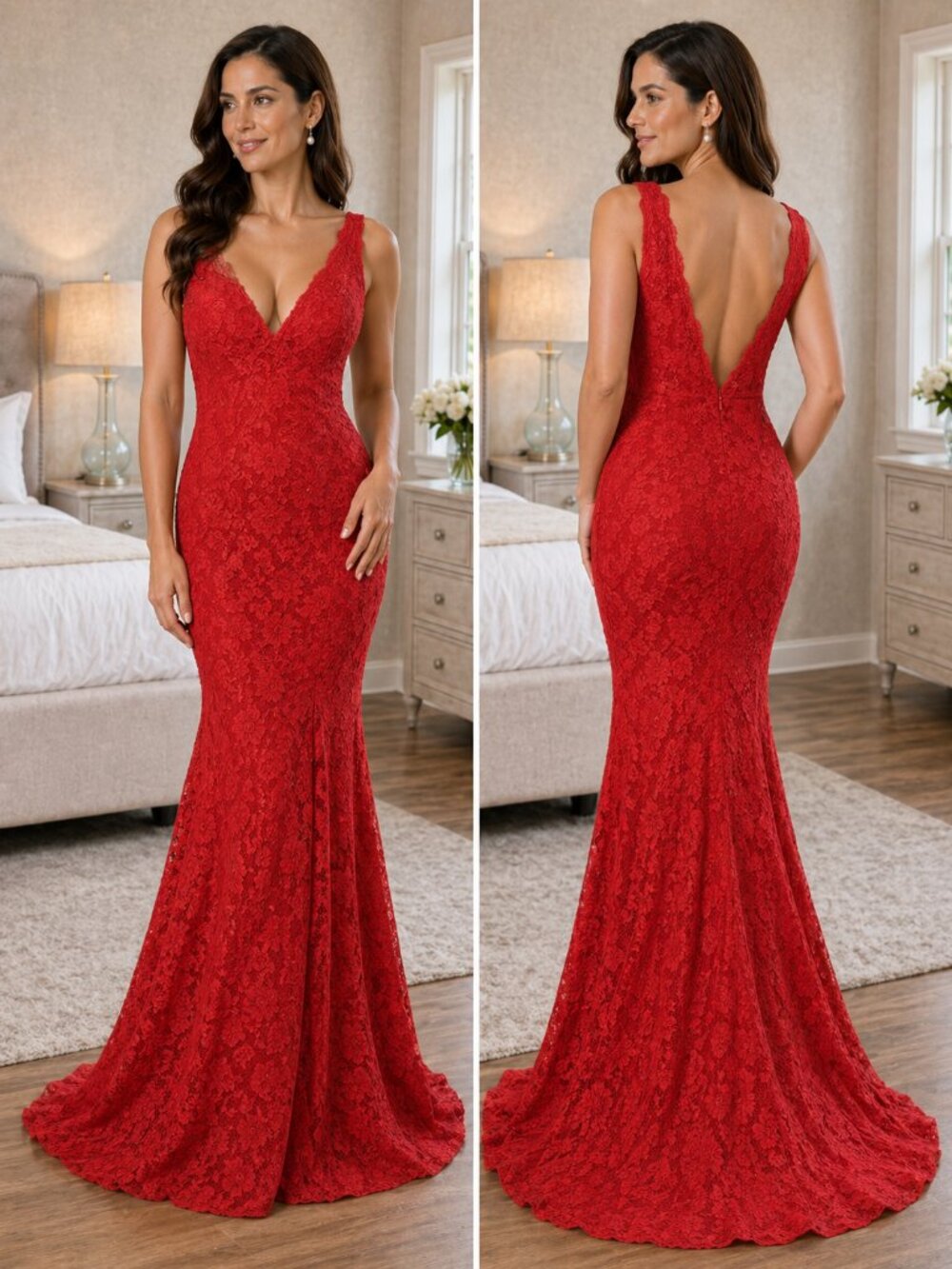 Jovani Red Floral Lace Double V-Neck Formal Gown $550